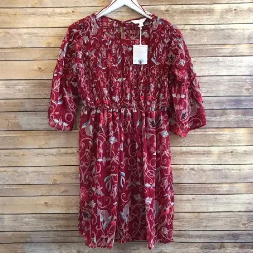LC Lauren Conrad Smocked Fit & Flare Dress “Wine” Floral Metallic Print XS NWT!